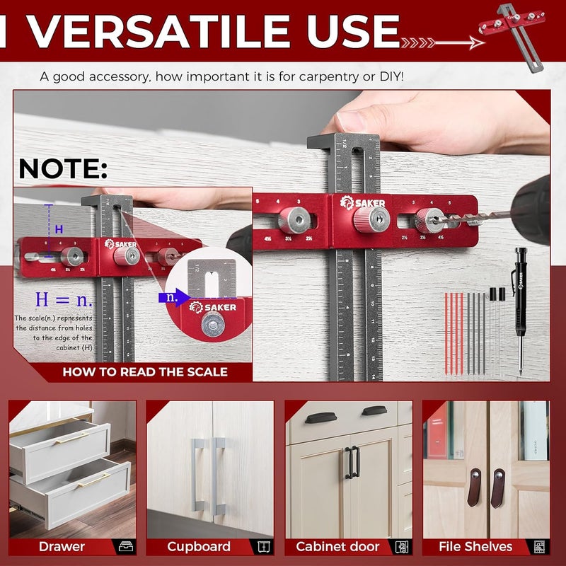 Saker Cabinet Hardware Doweling Jig - Cabinet Handle Template Tool for Knobs and Pull - Adjustable Self Centering Punch Locator Precise Woodworking Drill Guide (5" Jig Saw with pencil) - Image 4